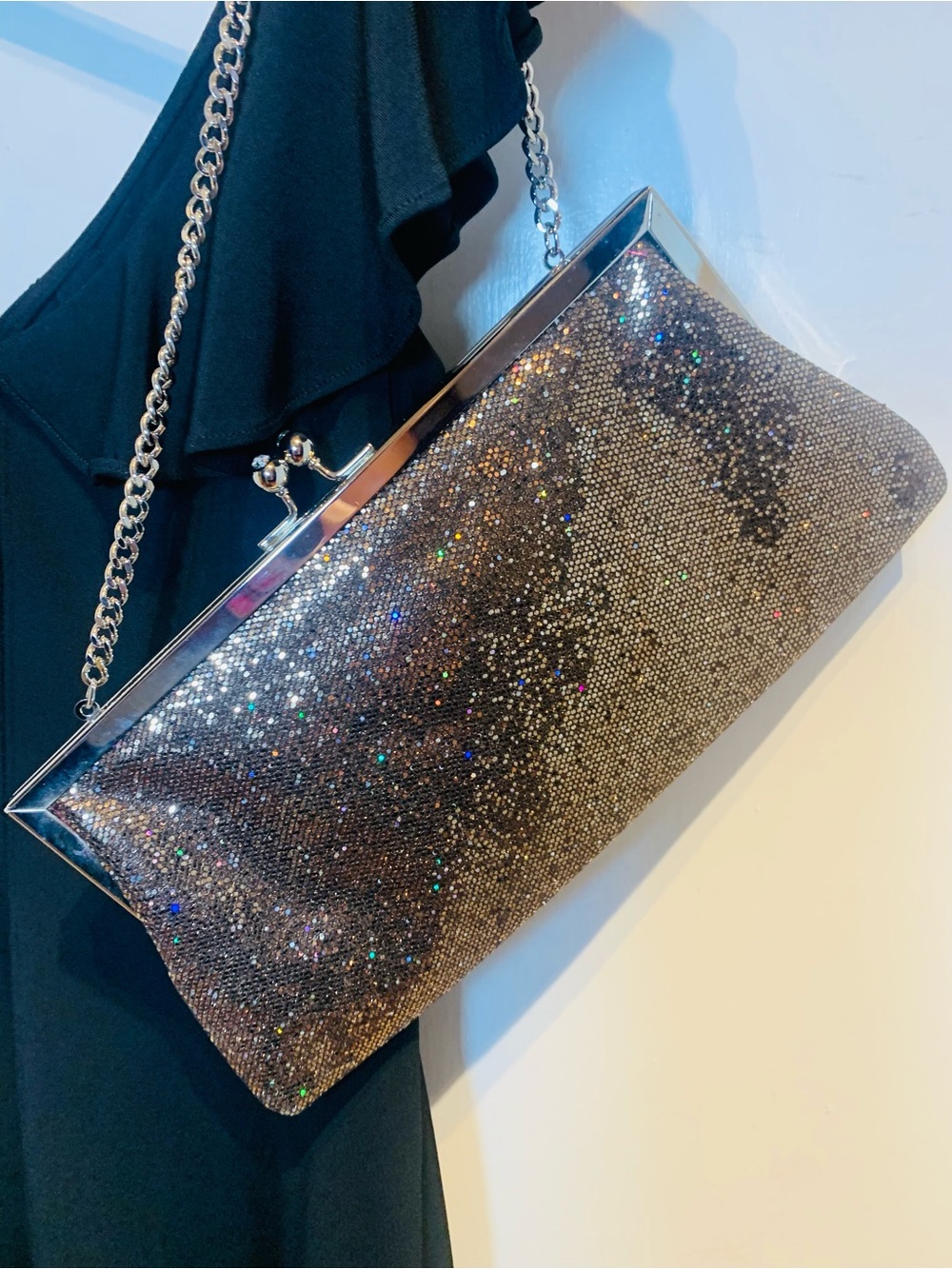Cookie Lee Glitter Sequin Clutch in Gold and Silver with Chain